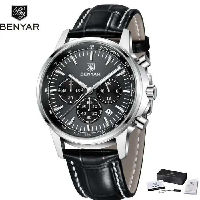 Benyar 2026 Nouvelles montres de luxe pour hommes, chronographe avec date, montre en cuir pour homme, étanche, lumineuse, montre sport militaire à quartz pour hommes