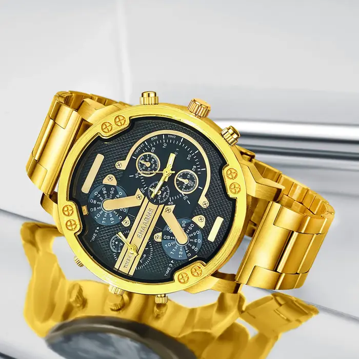 Une élégante montre pour homme d'affaires de couleur or, dotée d'un bracelet en acier et d'un boîtier robuste, un accessoire indispensable pour l'homme moderne.