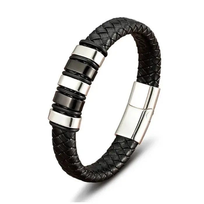 Bracelet pour homme en cuir noir tressé de luxe