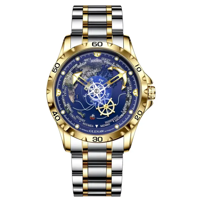 Glenaw Navigator Series Montre mécanique entièrement automatique Globe double couleur or et argent e