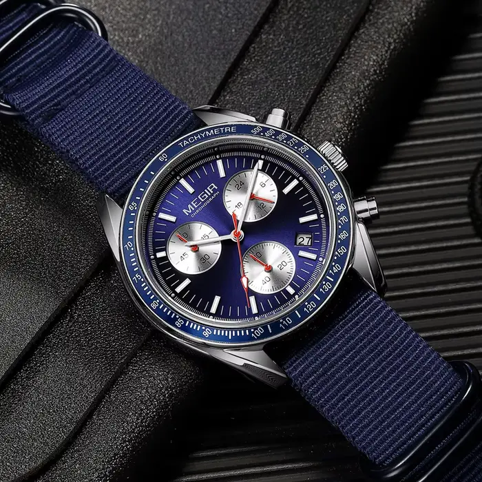 MEGIR montres à Quartz de luxe pour hommes bracelet en toile bleue Sport loisirs chronographe lumineux étanche mâle montre-bracelet horloge 2247