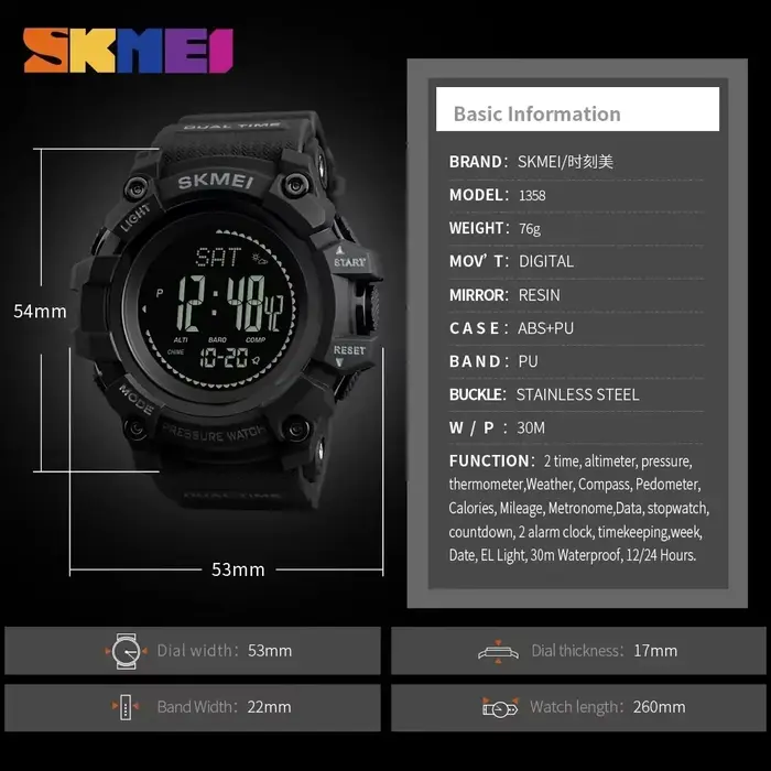 SKMEI 1358 altimètre météo Tracker étanche reloj hombre montres d'extérieur hommes pression boussole Sport