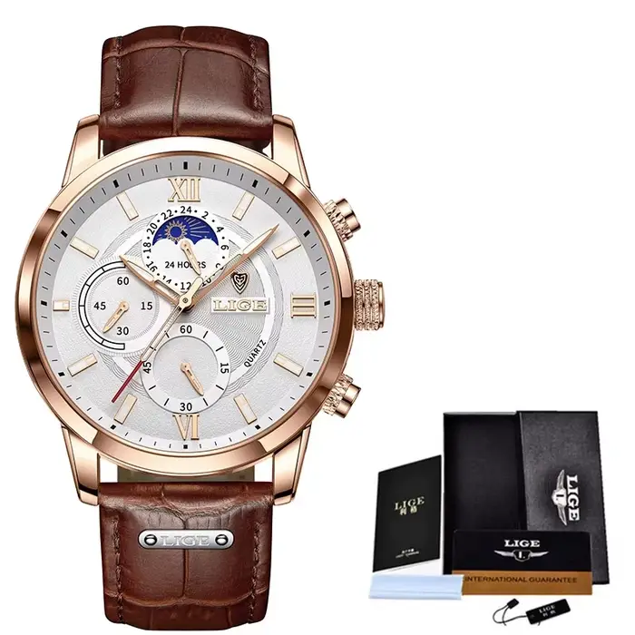 2025 LIGE montres hommes Top marque horloge de luxe décontracté en cuir 24 heures Phase de lune