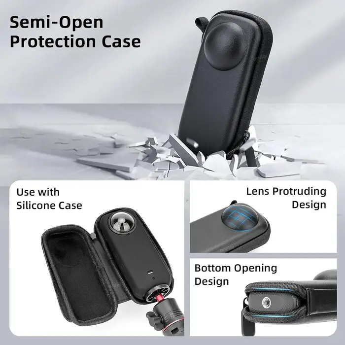 Kit d'accessoires pour Insta 360 X5 comprenant un étui de transport/une coque en silicone/des protections d'objectif/du verre trempé pour écran/une base de support en silicone