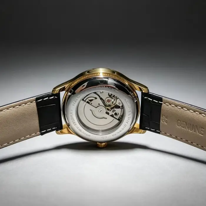 Montre-bracelet mécanique pour homme, très élégante et simple, avec mouvement automatique, design ajouré, étanche, cadran avec calendrier, bracelet en cuir, idéale pour les trajets quotidiens. Montre 
