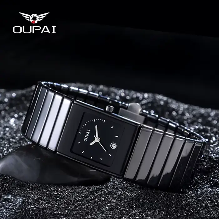 Montre carrée pour hommes OUPAI avec cadran rectangulaire, céramique noire 24 mm, quartz, étanche, d