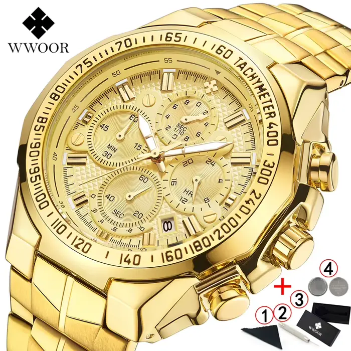 WWOOR-Montre-bracelet chronographe dorée pour homme, grande marque de luxe, 2024
