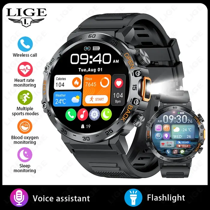 Original LIGE montre intelligente 1.53 ''HD écran vie étanche Sport Fitness montres lampe de poche n