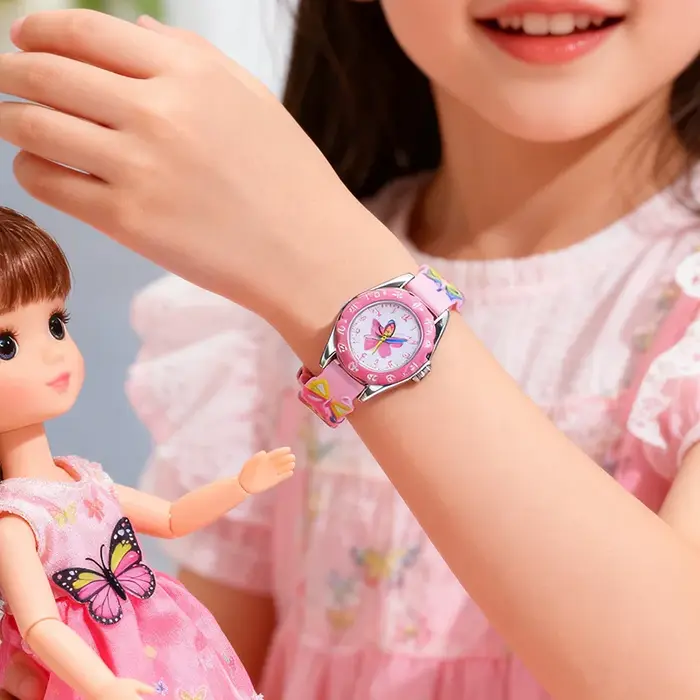 Enfants garçon fille apprendre le temps montres à quartz numériques élève de l'école primaire mignon rose papillon