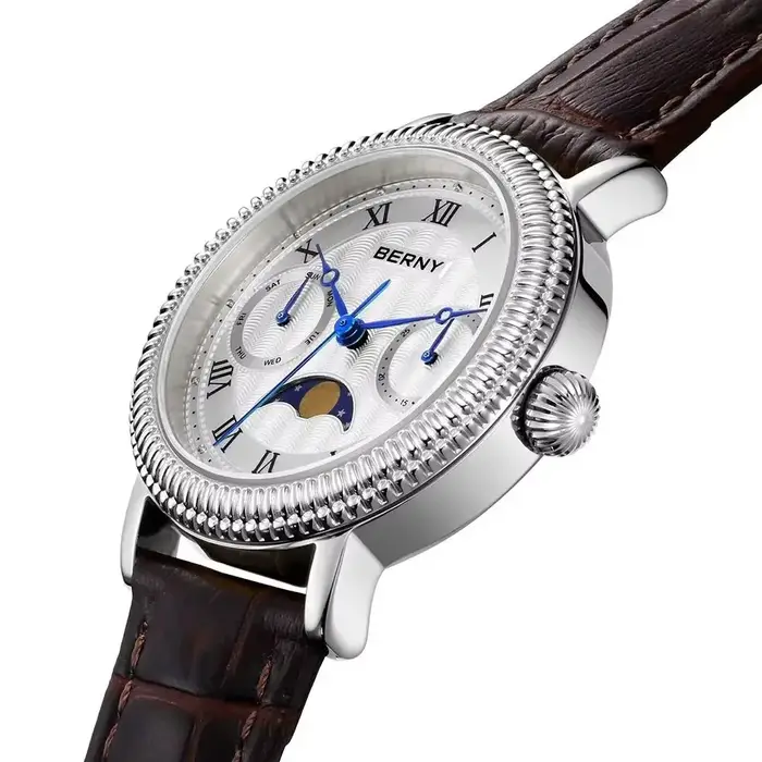BERNY Montres pour femmes, montre de luxe pour affaires, phase de lune, élégante, à quartz, bracelet en cuir, acier inoxydable