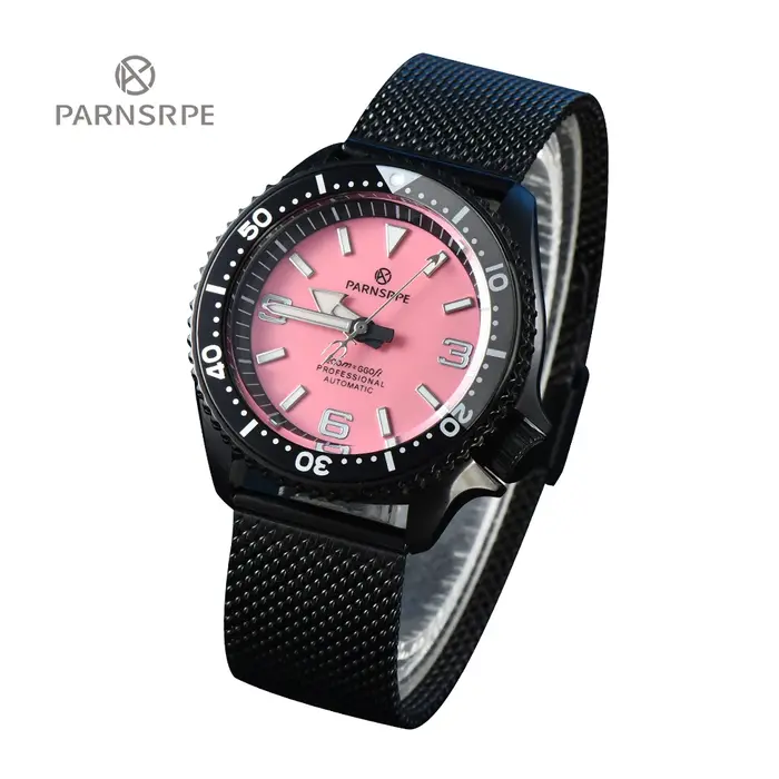 PARNSRPE rose plongeur montre automatique hommes montre japon NH35 mouvement noir montre mécanique verre saphir indicateur de Date