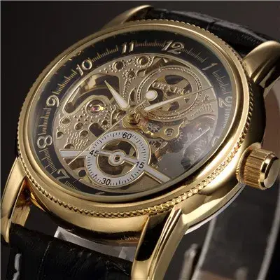 Hommes montres de luxe doré squelette mécanique Steampunk mâle horloge automatique montre-bracelet bracelet en cuir Herren Horloges