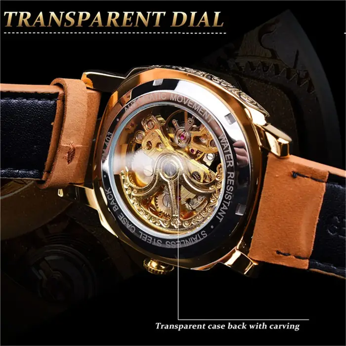 Montre Forsining 403A pour homme, squelette, automatique, mécanique, de luxe, 2023, argent, or, cuir, Relogio masculino