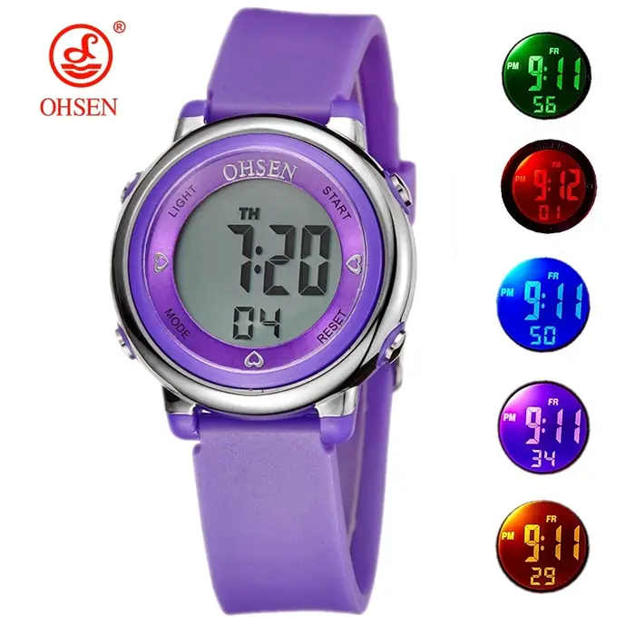 Montres numériques pour femmes, montre de sport imperméable à l'eau de couleur violette, montre électronique pour filles, montre pour femmes, 7 couleurs, réveils