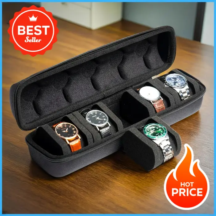 1 boîtier de montre à 5 emplacements | Organisateur de voyage à coque rigide avec insert d'oreiller - Prêt cadeau (noir)