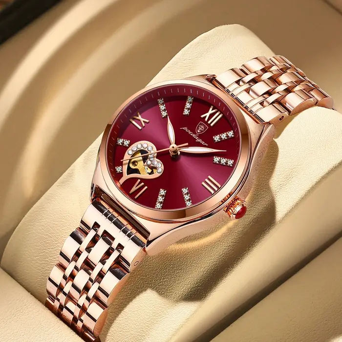 Romantique vin rouge Montre en acier inoxydable conception lumineuse dames horloge décontracté femmes Montre-bracelet
