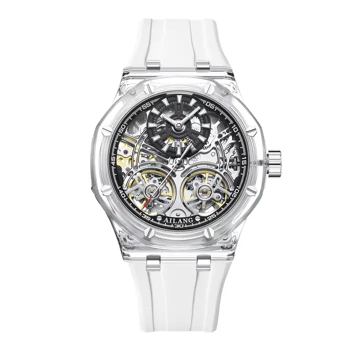 Montre automatique squelette à mouvement mécanique étanche, forme tonneau, avec bracelet en silicone
