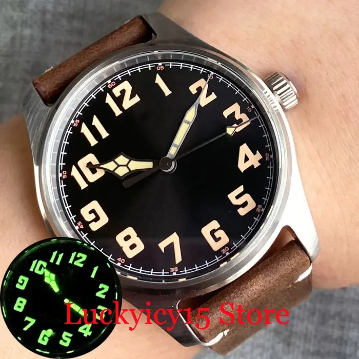 Montre automatique Tandorio 39MM, mouvement japonais NH35/PT5000, bracelet en cuir, saphir, luminescence verte, cadran noir vintage