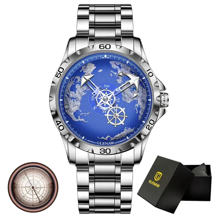 GLENAW Top marque hommes montre de luxe en acier inoxydable horloge lumineuse décontracté Chic étanche