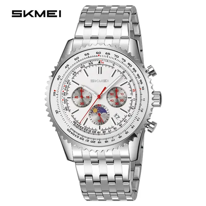 SKMEI 9348 Montre de Luxe Exquise pour Homme, Chronographe à Phase de Lune, Étanche, Montre à Quartz