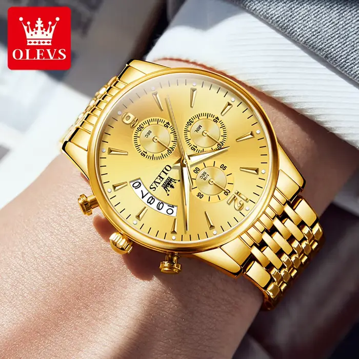OLEVS marque de luxe montre à Quartz en or pour hommes en acier inoxydable étanche Sport multifonction chronographe