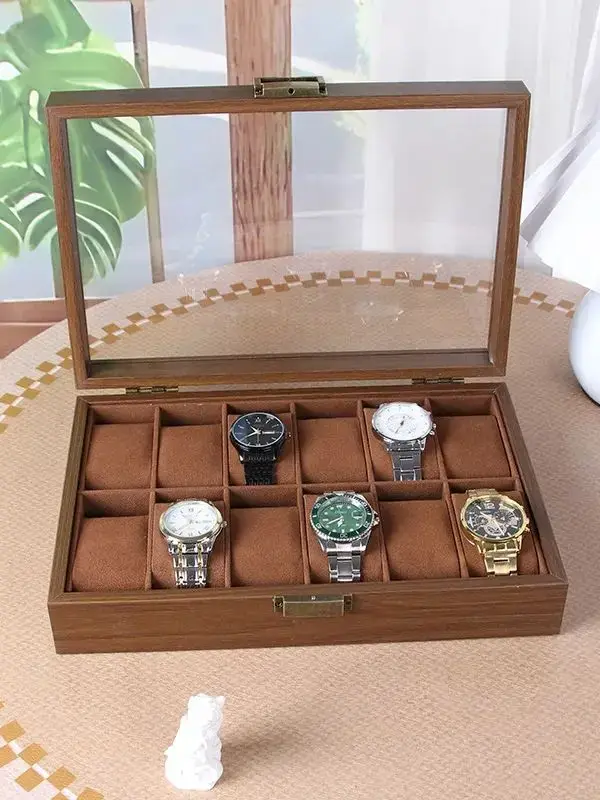 Boîte à montres en bois à 12 emplacements avec couvercle en verre