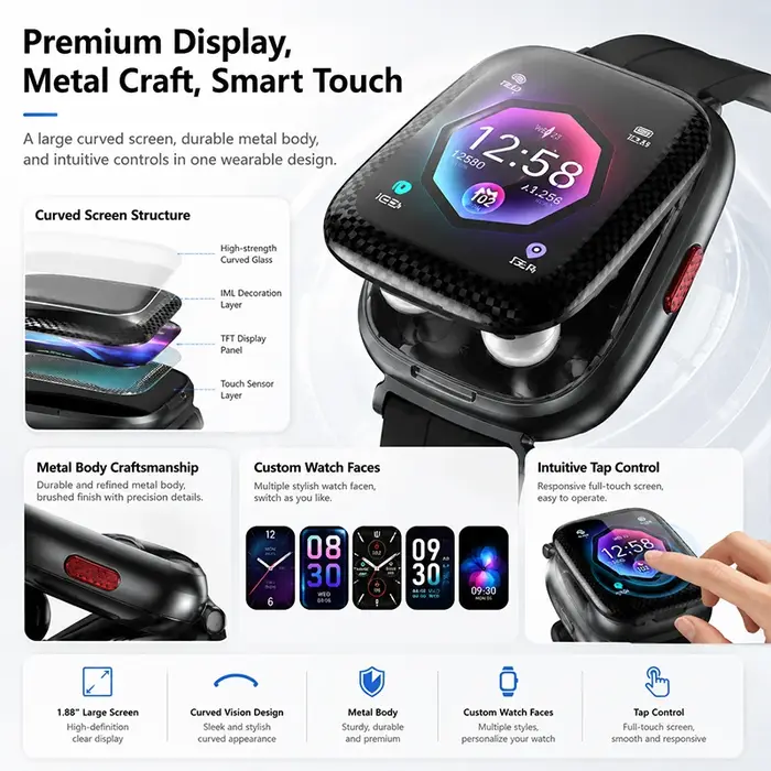 Montre intelligente 2-en-1 avec écouteurs intégrés, appels sans fil, lecture de musique, assistant IA, traduction, suivi de la santé et de la forme physique.