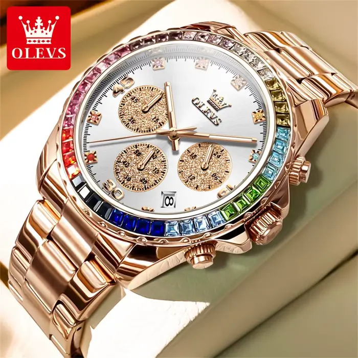 Montre OLEVS 2939 pour homme, chronographe avec lunette en pierres précieuses arc-en-ciel, lumineuse