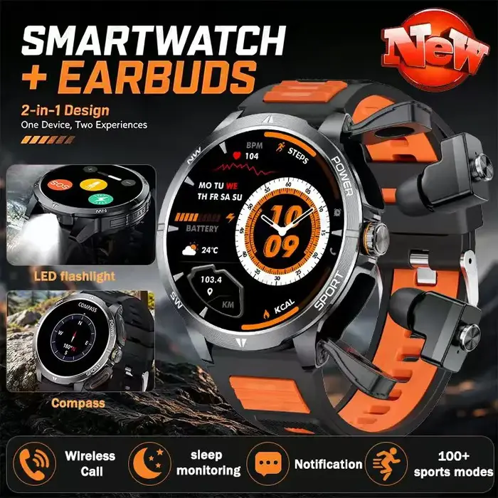 Nouvelle montre intelligente 3-en-1 pour sports de plein air, écran haute définition de 1,7 pouce, écouteurs sans fil avec une autonomie de batterie allant jusqu'à 5 heures.