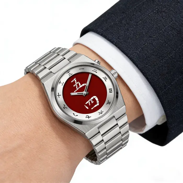 Montre à cadran avec caractères chinois pour homme - Montre-bracelet à quartz vintage avec bracelet en acier inoxydable