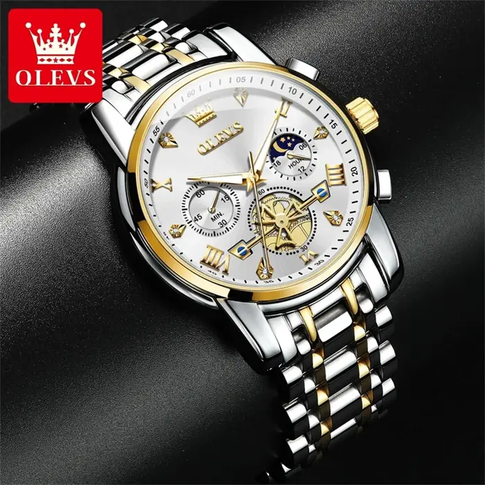 OLEVS 2856 homme 24 heures Phase de lune chronographe affichage latéral étanche lumineux multifonction Original montre-bracelet à Quartz pour hommes