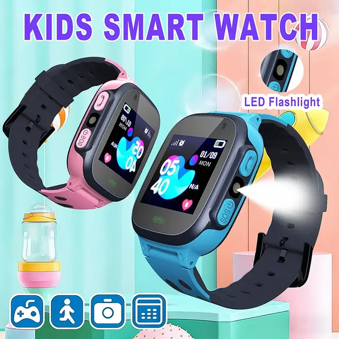 Montre intelligente pour enfants avec caméra GPS SOS lampe de poche LED calculatrice mathématique montres d'appel vidéo-cadeau de vacances Smartwatch pour les enfants