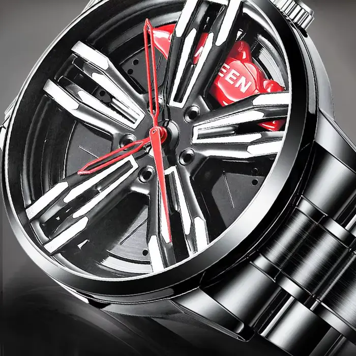 FNGEEN montre de course pour hommes personnalisé Super voiture jante conception en acier inoxydable noir rétro étanche