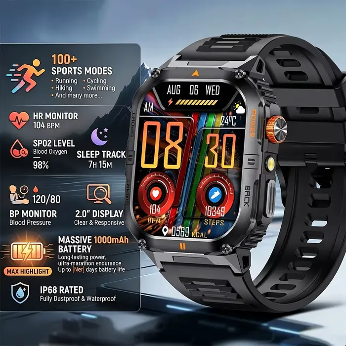 Montre connectée sportive 2026 avec écran HD 2,0 pouces, plus de 100 modes sportifs, étanche IP68, l