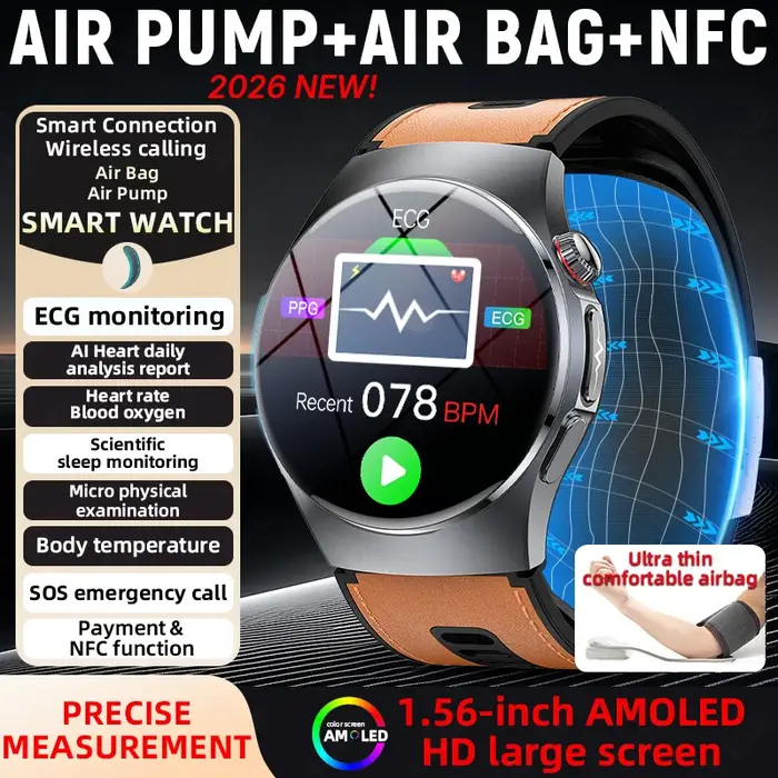 Montre connectée LIGE avec pompe à air et airbag pour la mesure de la pression artérielle, moniteur de santé multidimensionnel, examen physique microscopique, ECG+PPG