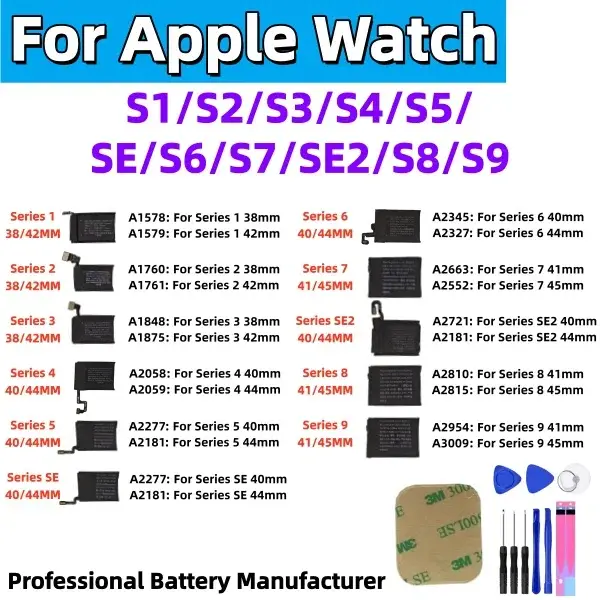 Batterie de remplacement pour iPhone Watch Series 1 2 3 4 5 6 7 8 9 SE SE2 38/40/41/42/44/45mm Batterie de réparation en polymère de lithium + outil gratuit