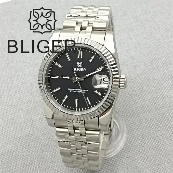 BLIGER 36mm/39mm Sunburst cadran marron montre NH35 lunette cannelée saphir cristal Rose bord bâtons Index jubilé Bracelet étanche