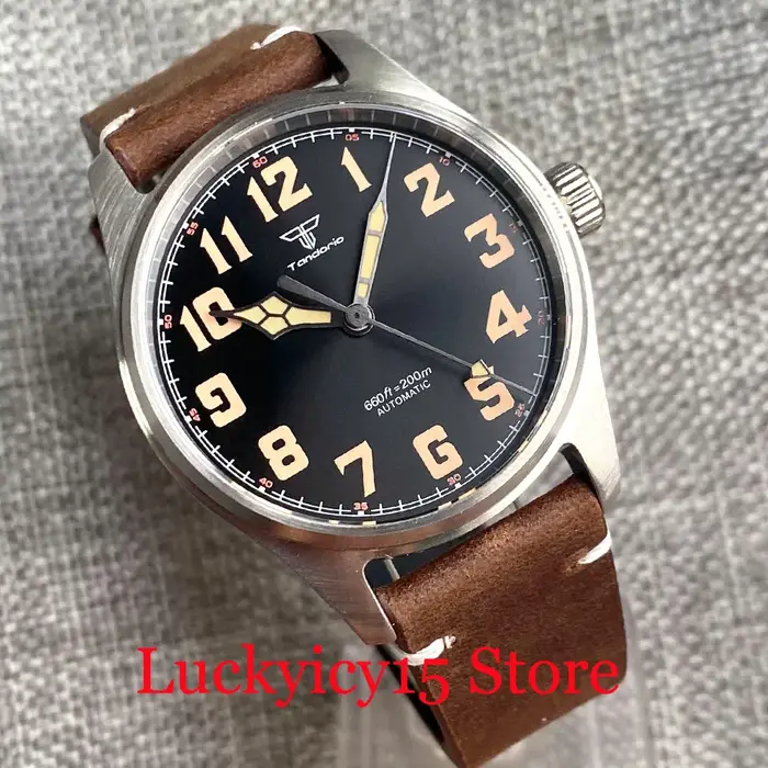 Montre automatique Tandorio 39MM, mouvement japonais NH35/PT5000, bracelet en cuir, saphir, luminescence verte, cadran noir vintage