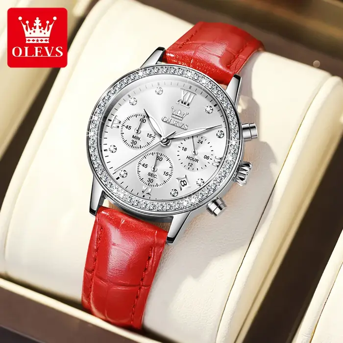 OLEVS 9933 montres pour femmes marque de luxe diamant Quartz montre-bracelet étanche lumineux bracelet en cuir multifonction dames montre
