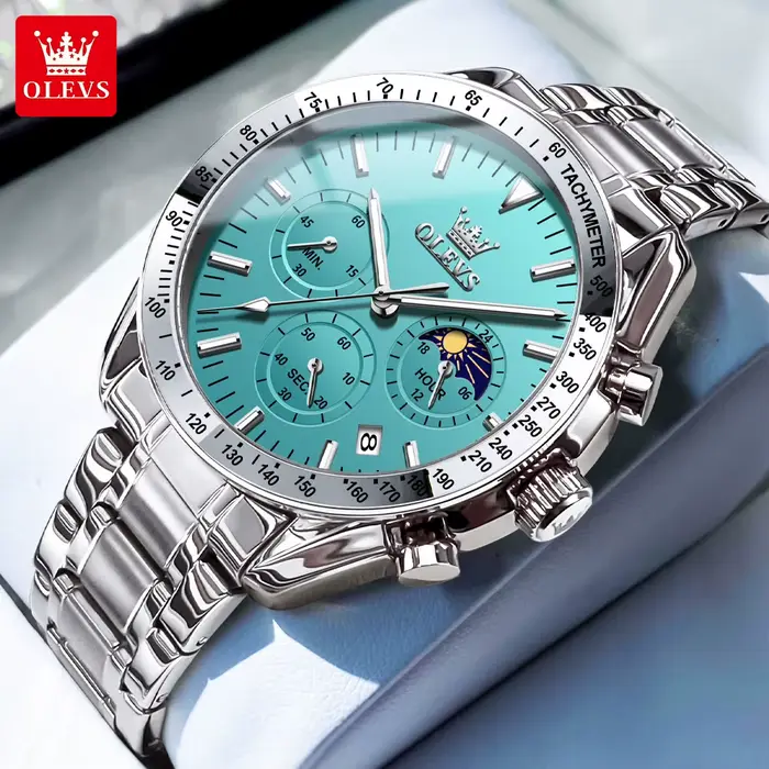 Montre Homme OLEVS 3618 Luxe en Acier Inoxydable Étanche Lumineuse avec Phase de Lune 24 Heures et Chronographe à Quartz – Nouvelle Collection