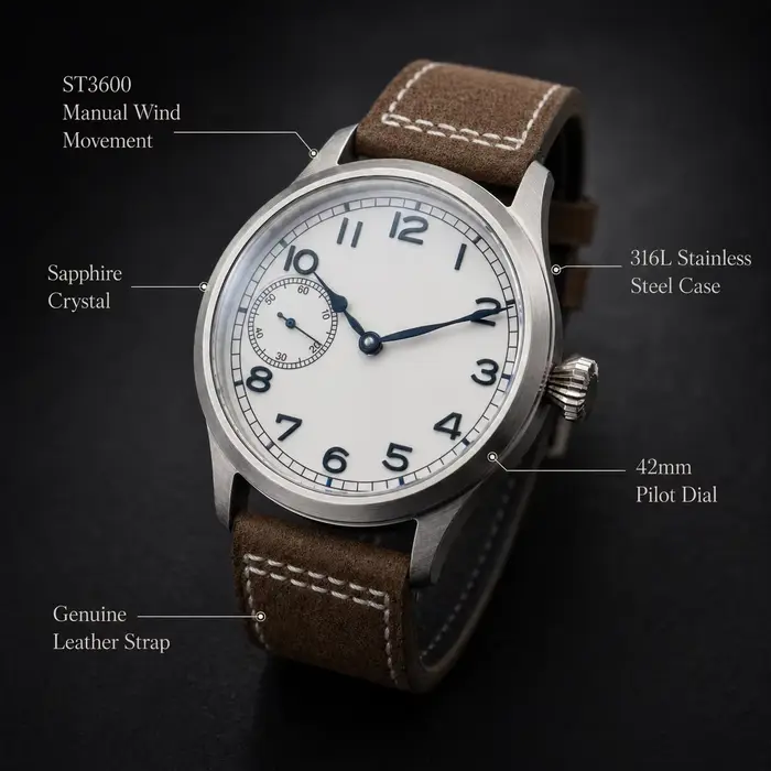 Montre pilote Corgeut 42 mm pour homme, mécanique à remontage manuel ST3600, saphir, bracelet en cuir