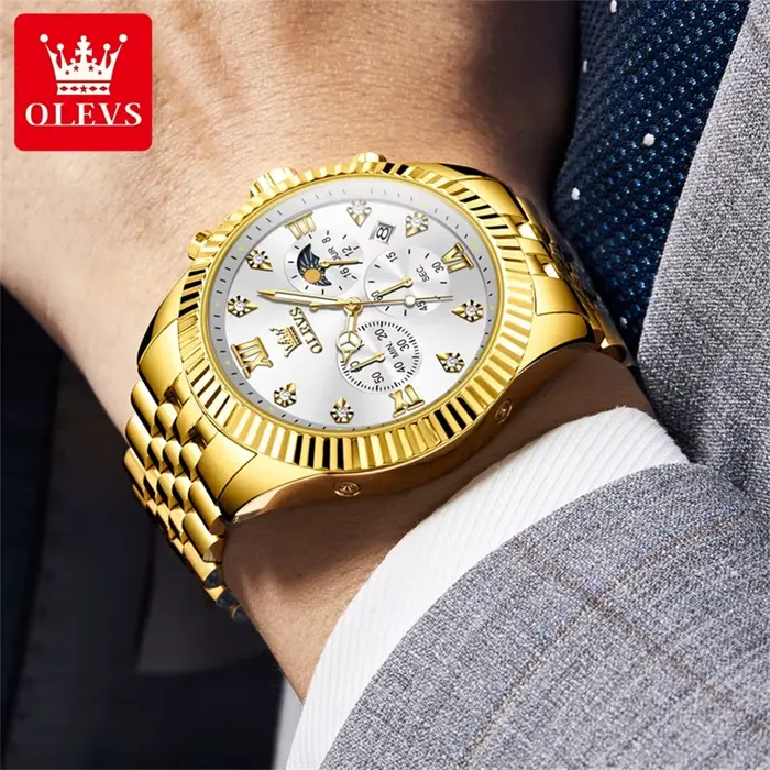 OLEVS 2932 montre pour hommes haut de gamme classique Phase lunaire étanche en acier inoxydable chronographe