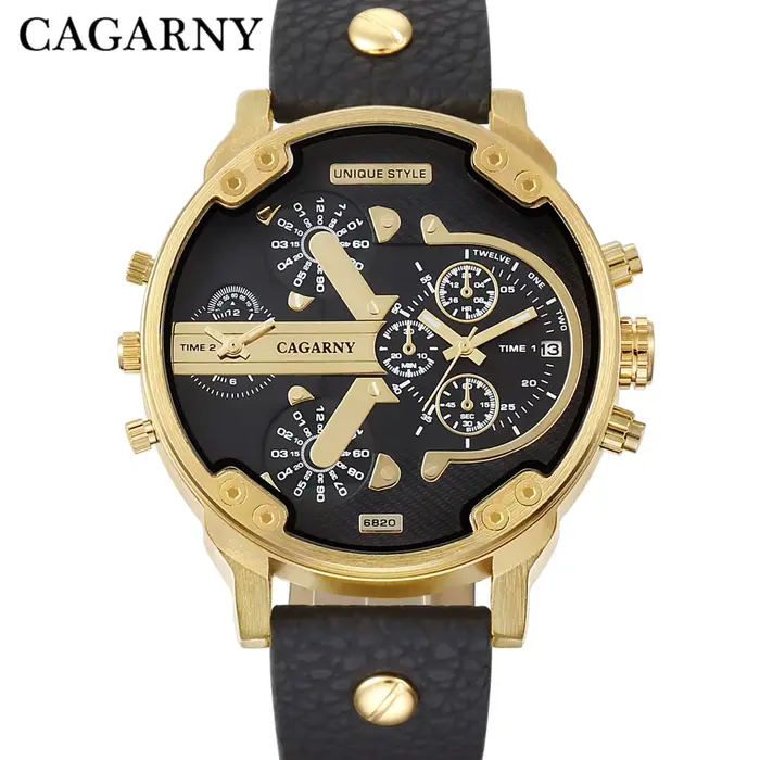 Cagarny montre à Quartz de luxe hommes bracelet en cuir noir boîtier doré double fois militaire dz Relogio Masculino