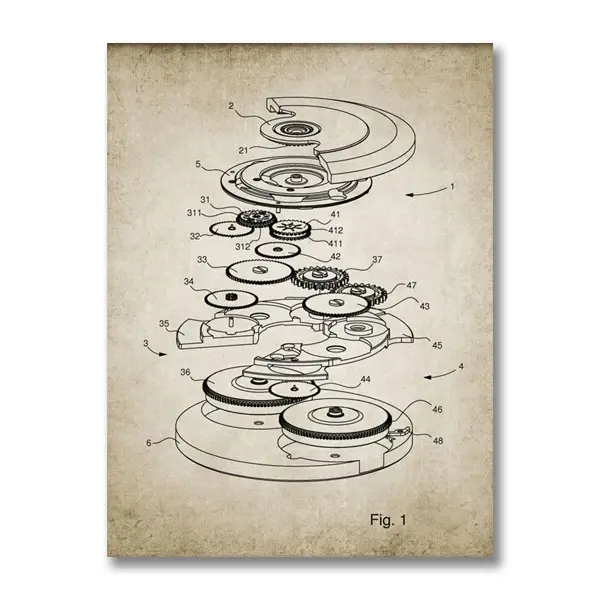 Montre à remontage automatique, imprimés schématiques, Design de montre, brevet, affiche Vintage, fa