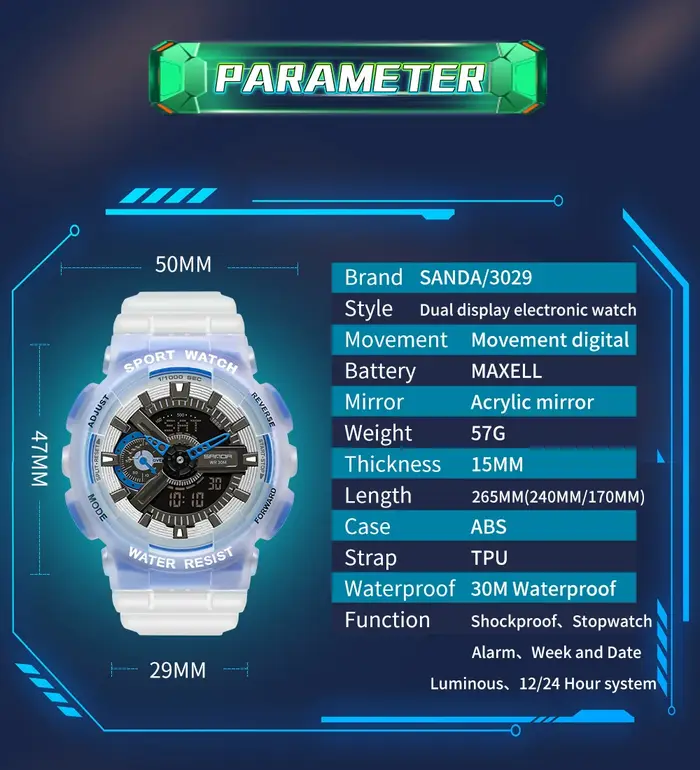 SNADA 2025 nouvelles montres pour hommes sport montre-bracelet électronique étanche mode fluorescente double affichage montre à Quartz numérique 3029