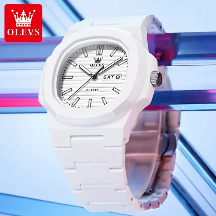 Montre OLEVS tendance pour jeunes, étanche, avec date et jour, lumineuse, unisexe, en résine blanche, montre à quartz pour hommes, montre pour étudiants, reloj hombre