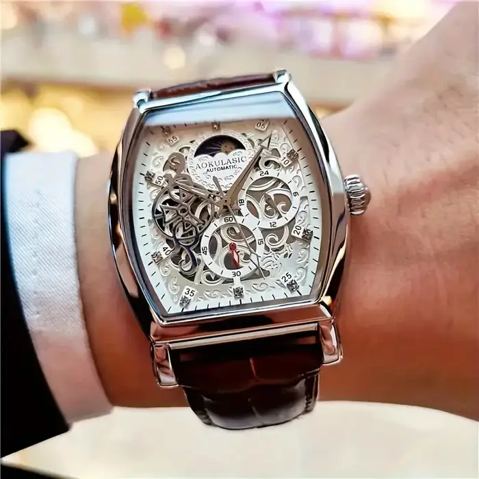 Montre mécanique automatique élégante pour homme avec tourbillon - Montre de luxe pour homme avec design squelette, bracelet en similicuir, style business casual, cadran en forme de baril - le cadeau 