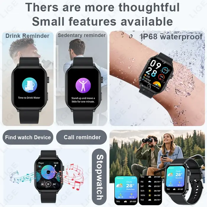 Montre connectée LIGE originale pour hommes et femmes, appels sans fil, assistant vocal, suivi de la santé et de la forme physique, étanche, modes multisports