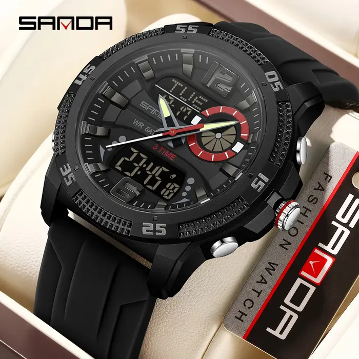 SANDA mode luxe hommes montres double affichage numérique Sport analogique Quartz homme montre-bracelet décontracté étanche silice chronographe