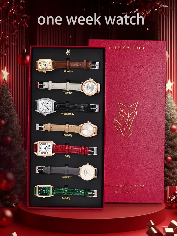 Montre de noël pour femmes, ensemble de 7 pièces, ceinture en cuir simple, cadran à chiffres romains